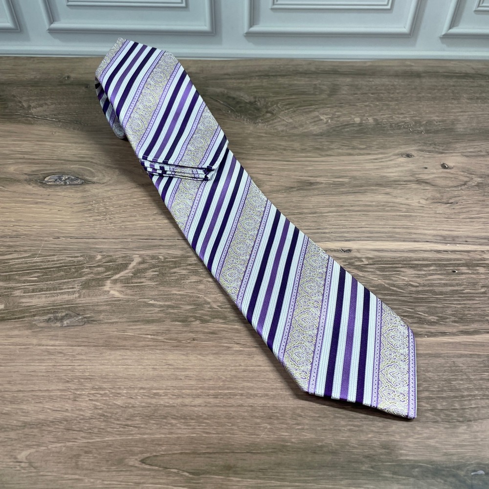 Paul Malone Red Line Purple Silver Stripe Paisley Silk Men Tie & Pocket Square